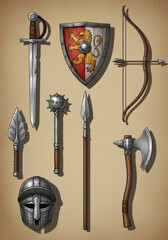An assortment of medieval weaponry, including swords, shields, and bows, displayed on a textured background.