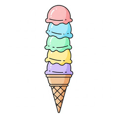 Cartoon illustration of a tall ice cream cone with five colorful scoops stacked high, outlined in black on a white background.