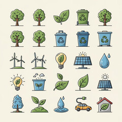 Eco-friendly icons: trees, recycling, renewable energy, and water conservation.