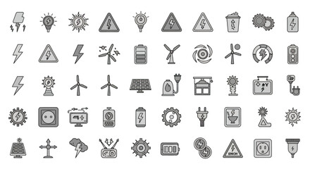 An extensive collection of grayscale vector icons symbolizing electricity, energy, power, renewable resources, and essential warning signs for various applications.