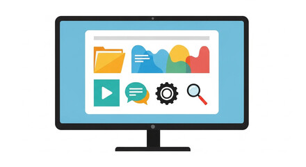 A flat-screen computer monitor displaying a clean user interface with colorful icons for data analysis, media playback, communication, and system settings.