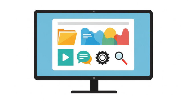 A flat-screen computer monitor displaying a clean user interface with colorful icons for data analysis, media playback, communication, and system settings. - Powered by Adobe