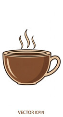 A cartoon illustration depicting a warm brown cup of coffee or tea with steam rising from the hot liquid.