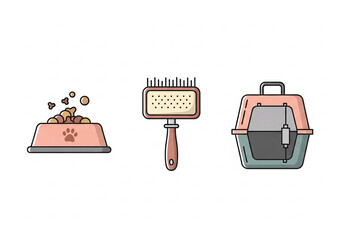 Three vector illustrations of pet-related items including food bowl, grooming brush, and carrier.