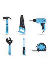 Illustration of six common hand tools: hammer, saw, drill, wrench, screwdriver, and measuring tape, rendered in blue and black on a white background.