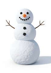 Cheerful snowman, three snowballs, twig arms, winter icon, happy face.