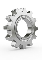 A polished, metallic gear with prominent teeth, isolated on a clean white background, symbolizing industry and mechanical function.
