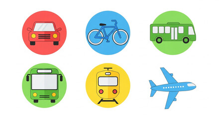 A collection of flat design vector icons illustrating various modes of transportation including car, bicycle, bus, train, and airplane.