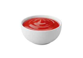 Small, perfectly round, glossy white ceramic bowl filled with vibrant red tomato ketchup, on neutral transparent background, minimalist studio, shadowless lighting, high-angle macro, commercial food