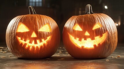 Obraz premium halloween festival. Two carved pumpkins glow with eerie expressions in dim light.