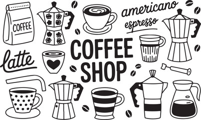 Coffee Shop Vector Illustration Set with Coffee Beans and Moka Pots