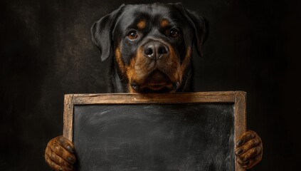 Rottweiler dog holding a blackboard with empty space for text, isolated on a dark background.