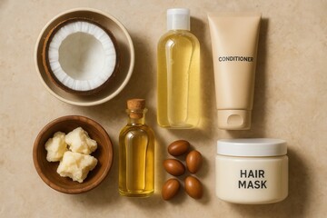 A collection of natural beauty products including coconut oil, almond butter, jojoba oil, and hair mask