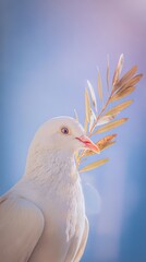Obraz premium Glowing white dove pendant on silk ribbon surrounded by olive branches, symbolizing peace. 