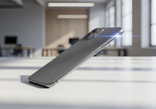 Sleek grey smartphone with a lens flare effect resting on a white table in a modern office.
