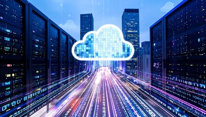 Cloud Computing Data Center with Futuristic Light Trails and Cityscape