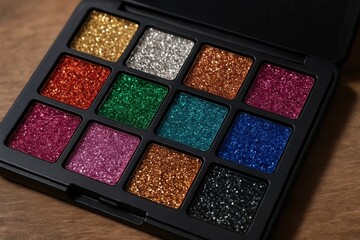 Fototapeta premium An array of shimmering eyeshadows in a black palette, each offering a unique hue from fiery reds to cool blues and metallic golds