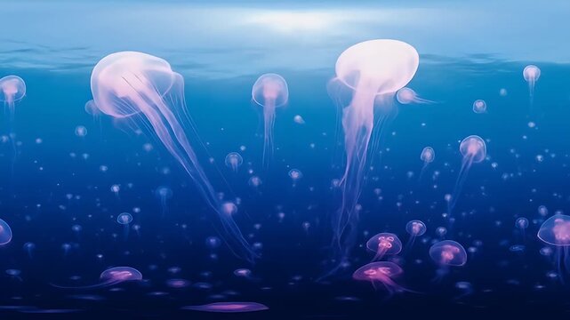 360 vr ocean with floating glowing jellyfish. 4K Video