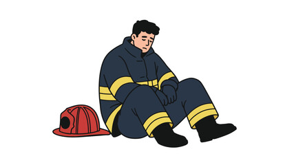 Tired Firefighter Sitting on Ground