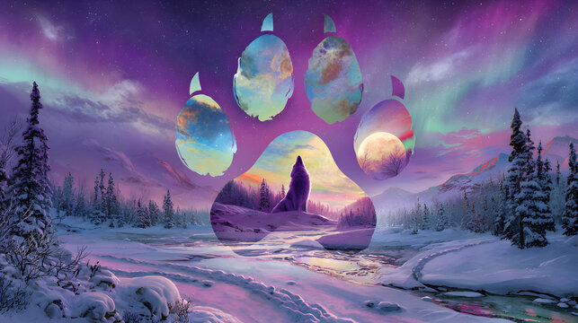 A captivating snow scene featuring a large wolf paw print filled with vibrant images. Inside, a howling wolf, a glowing moon, and colorful northern lights create a magical winter landscape. - Powered by Adobe