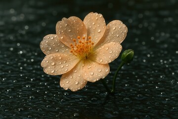 A solitary peach-colored flower with dew drops rests on a reflective surface, its green stem reaching out into the darkness