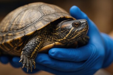 Obraz premium A turtle in blue gloves