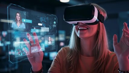 Woman wearing virtual reality headset interacts with holographic interface for digital communication and data visualization, metaverse concept. - Powered by Adobe