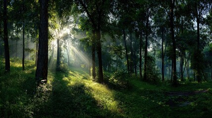 Fototapeta premium Sunlight Piercing Through Forest Canopy