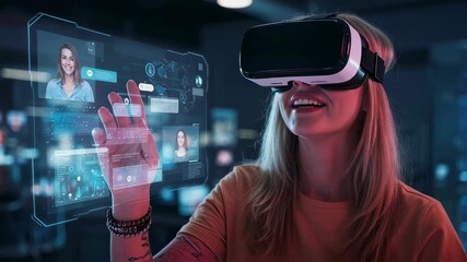 Young woman interacting with virtual reality hologram. Female wearing vr headset, immersive metaverse experience via new digital technology footage. - Powered by Adobe