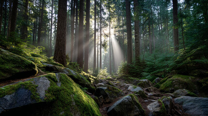 Fototapeta premium Beautiful forest background for screensaver. with sunbeams. Calm close-up of fairytale forest and nature landscape, panorama. Summer vacation, holiday, amazing nature.