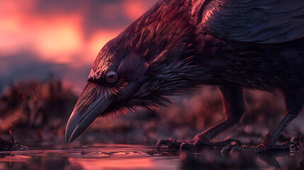 A close-up of a raven drinking from a puddle, capturing intricate details in its glossy feathers and piercing eye. The warm glow of sunset creates a stunning backdrop, accentuating the scene's beauty.