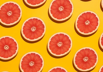 Vibrant grapefruit slices on sunny yellow background showcasing healthy eating and refreshing summer vibes perfect for food and wellness related content creation