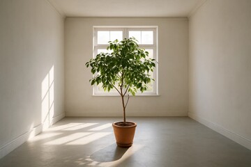 A lone potted plant basks in the soft glow of daylight filtering through a window, casting long shadows and highlighting its vibrant green leaves