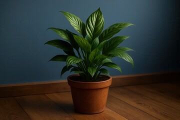 A lush green houseplant thrives on a wooden table against a calming blue wall