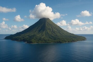 Obraz premium A lone volcano stands tall on a serene island, its peak shrouded in clouds, overlooking the vast expanse of ocean under a clear blue sky