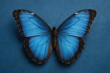 Fototapeta premium A solitary blue butterfly rests on a textured blue background, its wings spread wide in a display of natural beauty