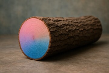 Obraz premium A wooden log adorned with a colorful, gradient-like pattern that transitions from pink at the top to blue at the bottom
