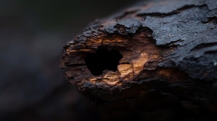 Close-up of decayed wood log with a dark hole, showcasing natural decomposition