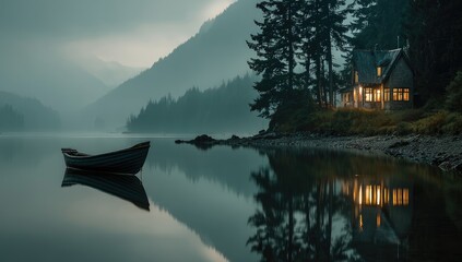 and keyword list based on the image, prioritizing the 's content

 Boat Drifting Calmly Near Cottage at Serene Mountain Lake.