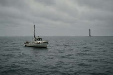 A Lone Boat and a Lighthouse in the Gloom