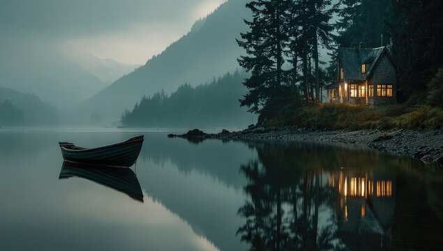 and keyword list based on the image, prioritizing the 's content

 Boat Drifting Calmly Near Cottage at Serene Mountain Lake. - Powered by Adobe
