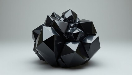 Abstract geometric black crystal cluster with sharp facets on a light gray background