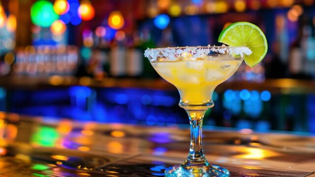 Cinematic Ultra-Close Dolly Shot of Vibrant Margarita Cocktail on Glossy Bar Counter &ndash; Sparkling Salt Rim and Neon Nightlife Atmosphere for World Cocktail Day and Premium Lifestyle Stock Footage