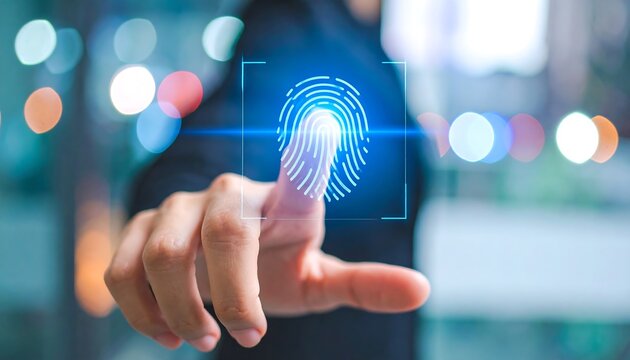 Person scanning fingerprint on a holographic interface