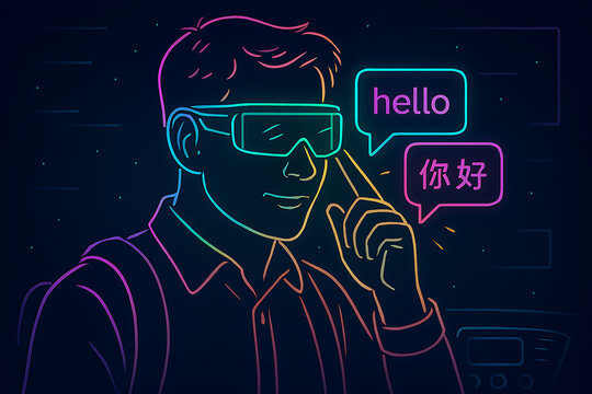 Modern man using augmented reality glasses to translate language and connect globally