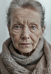 Elderly woman with expressive features in a cozy scarf