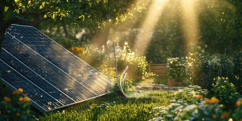 Solar panel cleaning service with a broom and water spray, in the sunlight, photorealistic.
