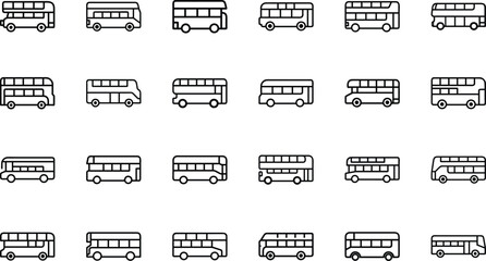 Collection of Minimal Line Icons Representing Various Vehicles Including Cars, Trucks, Buses, Motorcycles, Bicycles, Construction Equipment, and Emergency Vehicles