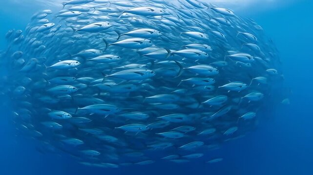 Giant school of fish swirling underwater in the deep blue ocean