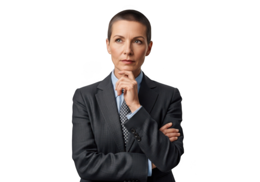 Pensive businesswoman in suit thinking deeply portrait isolated on transparent background png image, professional woman contemplating isolated on transparent background
